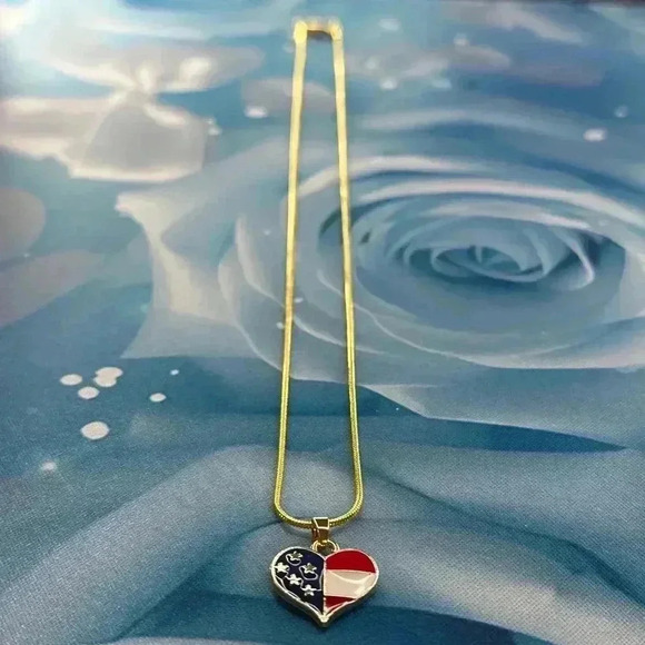 Handmade 18” Gold Red White & Blue Heart Necklace with Gold 1.2mm Snake Chain - Picture 6 of 9